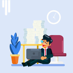 Overworked Businessman Slumping at Desk Flat Vector Illustration