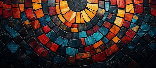 Naklejka premium Vibrant circular mosaic design featuring rich colors and textures, ideal for artistic backgrounds
