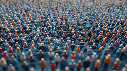 Fototapeta premium Aerial view of a densely populated network of miniature figures connected by thin lines, symbolizing social interaction