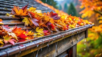 Autumnal Rain on Wooden Roof with Colorful Leaves