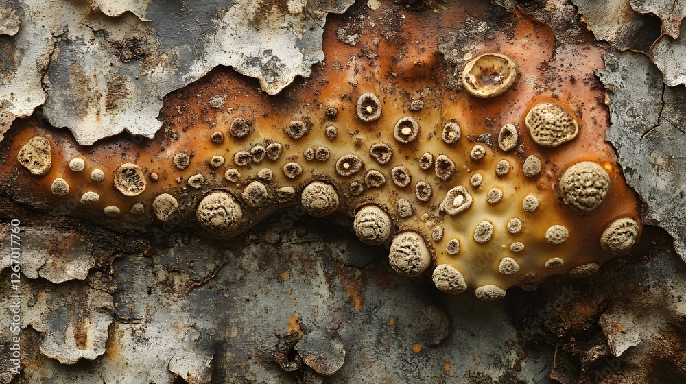 Poster a detailed macro shot revealing the intricate texture of a unique fungus growing on decaying tree ba
