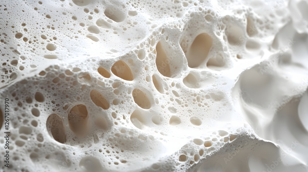 Poster Close-up view of a porous white material. Abstract texture with various holes and bubbles. Detailed macro shot. Macro detail of Knobby plastic surface background. Abstract White Textured Surface