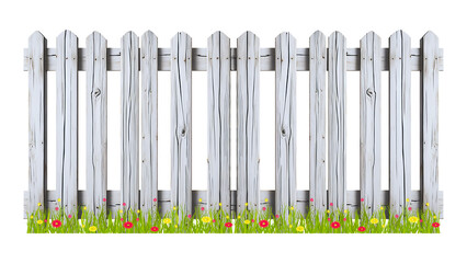 Obraz premium Rustic wooden fence with grass and flowers isolated on a transparent background.