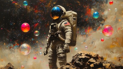 Fototapeta premium Astronaut exploring a colorful cosmic landscape filled with bubbles and distant celestial bodies
