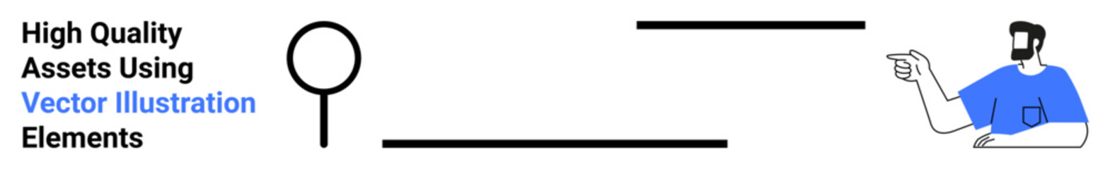 Fototapeta premium Man pointing to text with magnifying glass and bold minimalist lines. Ideal for communication, design, guidance, information, search concepts, education, and flat landing page banner