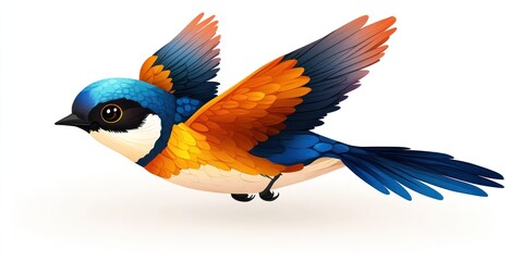 Obraz premium A swallow bird gracefully glides through the air, displaying its striking blue and orange feathers. This scene captures the essence of spring and nature's beauty