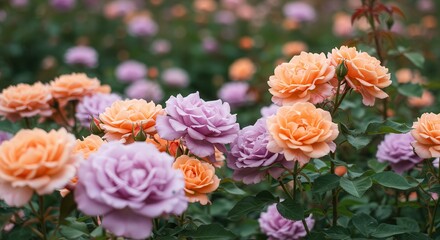 Blooming Roses Field with Peach and Lavender Flowers in Garden Setting