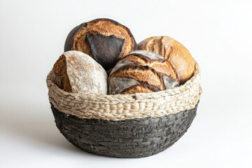 Basket with assorted bread loaves isolated on white or white background
