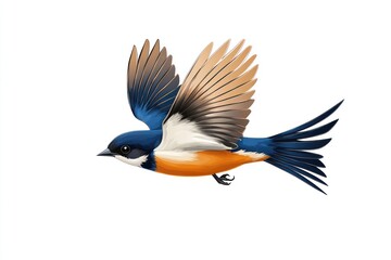 Naklejka premium A swallow bird glides through the air, showcasing its vibrant blue and orange plumage. This creature embodies the essence of spring and freedom in nature