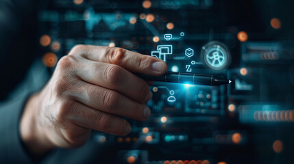 Digital Transformation: A close-up shot of a hand interacting with futuristic digital interfaces, emphasizing the seamless integration of technology in the modern world.