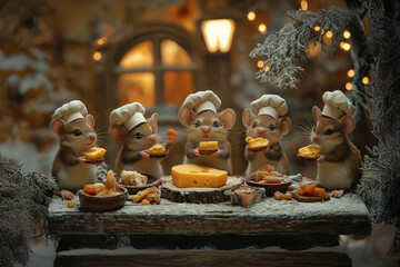 Mice chefs preparing cheese dishes for christmas dinner