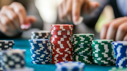 Naklejka premium People Engaging in Betting with Colorful Plastic Tokens Stacked Strategically