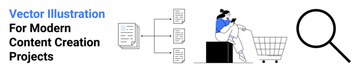 Woman on phone near shopping cart, data flow diagram with files, and magnifying glass. Ideal for e-commerce, digital marketing, content creation, organization, analysis, research flat landing page