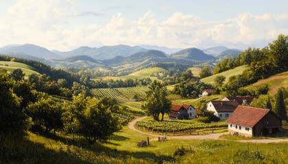 Vineyard valley countryside houses landscape, hilly background, tourism usage