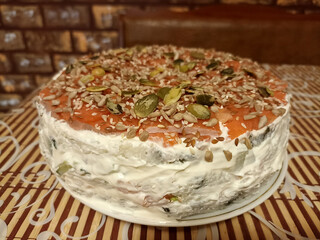 
Cake made of raw fish, delicious appetizing sushi cake. Home cooking.