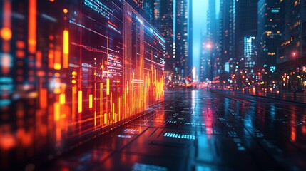 Futuristic cityscape at night with holographic data display showing graphs and code.