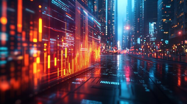 Futuristic cityscape at night with holographic data display showing graphs and code.