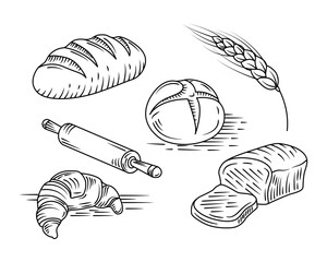 Bakery Vintage sketch. One line poster. Outline Bread, Cake, Croissant. Element for interior design and presentations. Vector illustration.