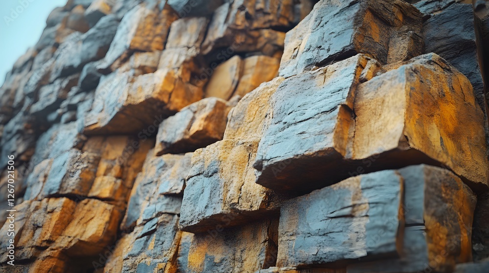 Poster Close-up of a striking rock formation, showcasing a captivating interplay of grey and ochre hues. The intricate texture and unique shapes create a visually stunning abstract scene. Macro detail.