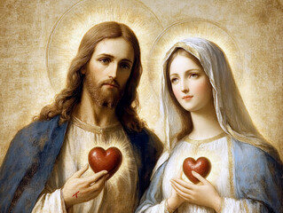 Jesus and Mary with sacred hearts on their chests. AI generative.