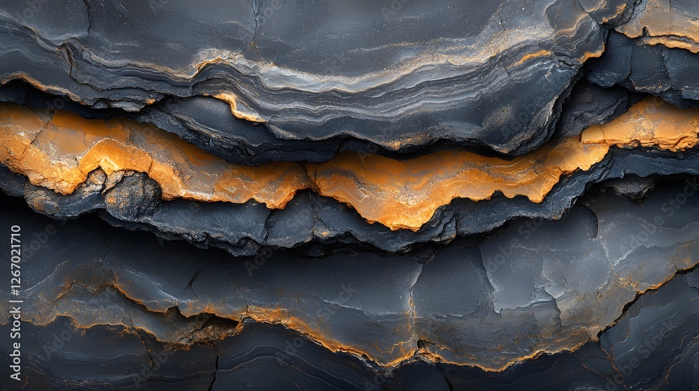 Poster striking image showcasing layered rock formation with shades of gray and orange. natural texture and