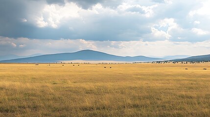Fototapeta premium Golden Grasslands Under a Cloudy Sky and Distant Mountains