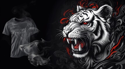 White tiger graphic design for t-shirt, roaring head, artistic background