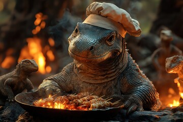 Komodo dragon chef grilling meat skewers over campfire