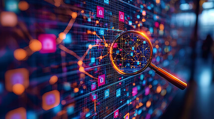 Magnifying glass reveals intricate data network vibrant, futuristic digital visualization.  Perfect for illustrating concepts like data analysis, cybersecurity, or AI.