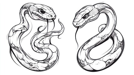 Obraz premium Two snake outlines face each other, coiled on a white background, used for drawing practice