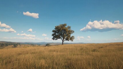 Obraz premium Lone tree on golden prairie, under blue sky; scenic background for nature projects
