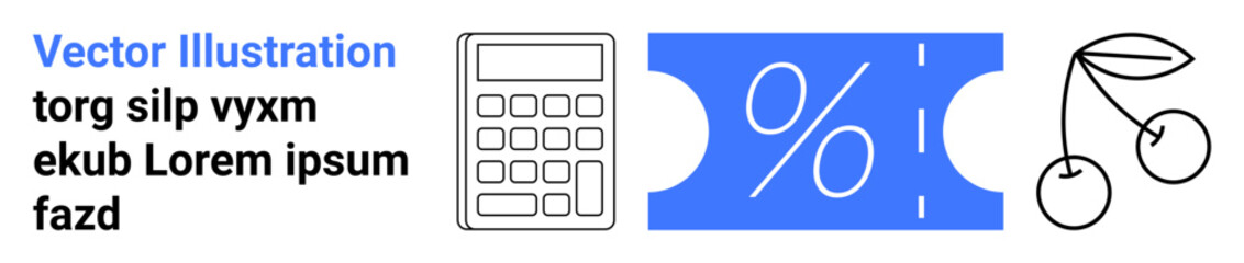 Calculator for financial calculations, blue discount ticket with percent sign, minimal cherries. Ideal for shopping, budgeting, sales, discounts, rewards, offers savings abstract line flat metaphor