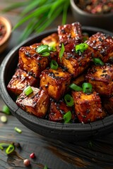 Fototapeta premium Mapo Tofu, with silky tofu cubes coated in a deep red spicy sauce, garnished with chopped scallions and Sichuan peppercorns,