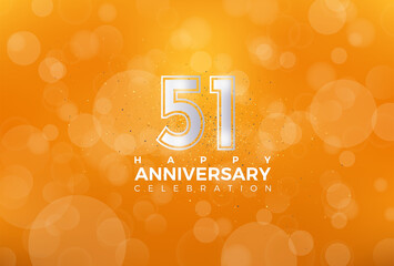 51th Anniversary celebration, 51 Anniversary celebration, Realistic 3d sign, Orange background, festive illustration, Silver number 51 sparkling Glitter, 51,52