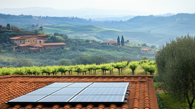 Solar panel installation overlooking scenic vineyard landscape