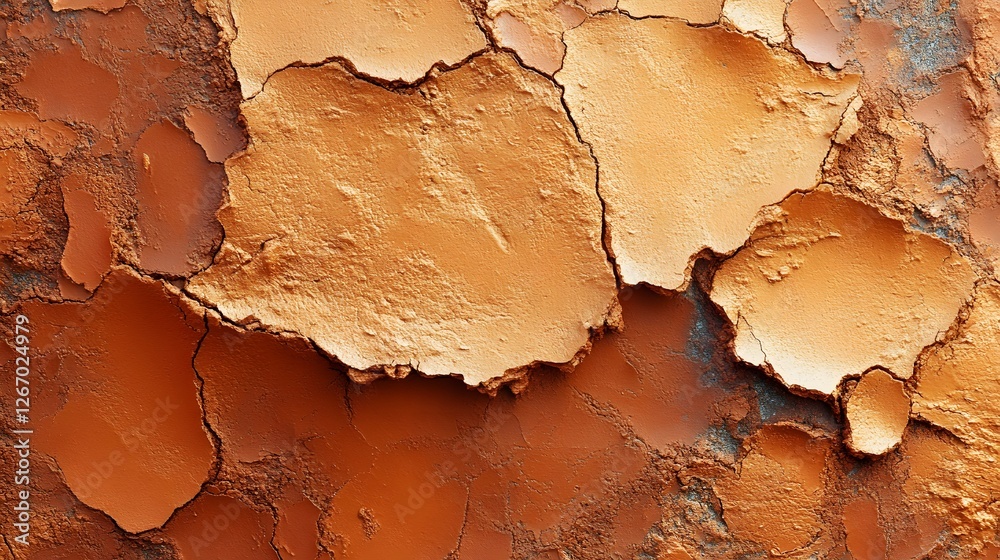 Poster close-up of cracked orange paint, showing texture and decay. macro detail. lumpy clay detailed textu