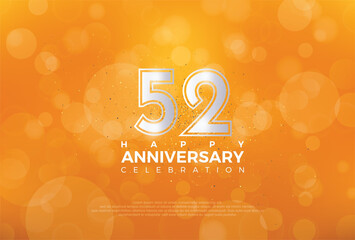 52th Anniversary celebration, 52 Anniversary celebration, Realistic 3d sign, Orange background, festive illustration, Silver number 52 sparkling Glitter, 52,53