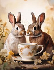 Delightful Realistic Illustration of Two Cozy Rabbits Sharing a Warm Cup of Tea, Surrounded by Golden Autumn Leaves and Soft Floral Accents in a Serene and Whimsical Countryside Setting

