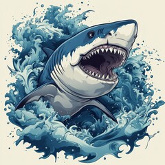 Great white shark emerging from ocean waves.  Possible use Graphic design, clothing design