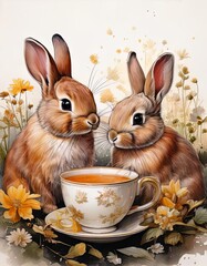 Delightful Realistic Illustration of Two Cozy Rabbits Sharing a Warm Cup of Tea, Surrounded by Golden Autumn Leaves and Soft Floral Accents in a Serene and Whimsical Countryside Setting

