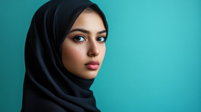 A young Muslim woman wearing a black hijab gazes thoughtfully into the distance, her striking features illuminated by soft light against a bright turquoise wall
