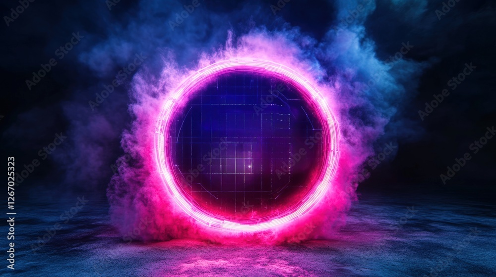 Poster neon circle with glowing effect and abstract technology hologram interface elements in dark backgrou