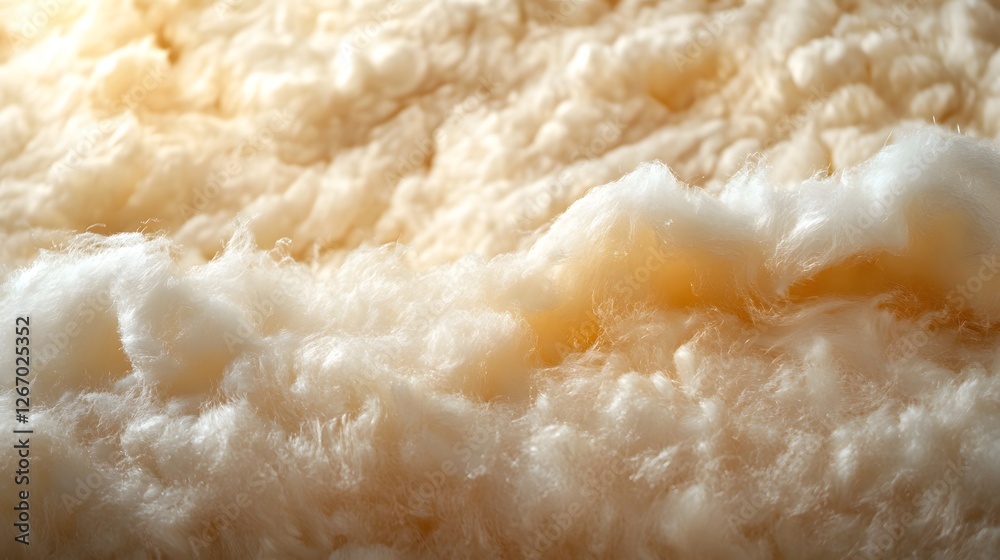 Poster close-up of beige and white sheep wool, showcasing its soft, fluffy texture. macro detail. lumpy ins
