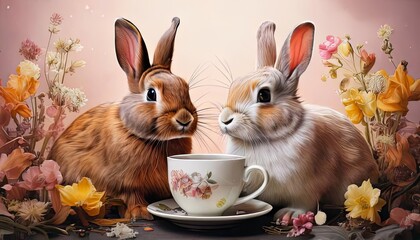 Charming Realistic Illustration of Two Gentle Rabbits Enjoying Tea Together Amidst Blooming Wildflowers, with a Vintage Floral Teacup Creating a Cozy and Elegant Countryside Atmosphere

