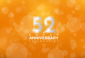 52th Anniversary celebration, 52 Anniversary celebration, Realistic 3d sign, Orange background, festive illustration, Silver number 52 sparkling Glitter, 52,53