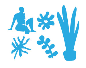 Summer botanical set with abstract floral design elements. Tropical flowers nature, plants and woman figure enjoying sunset beach. Abstract shapes leaves doodle art decoration. Isolated.