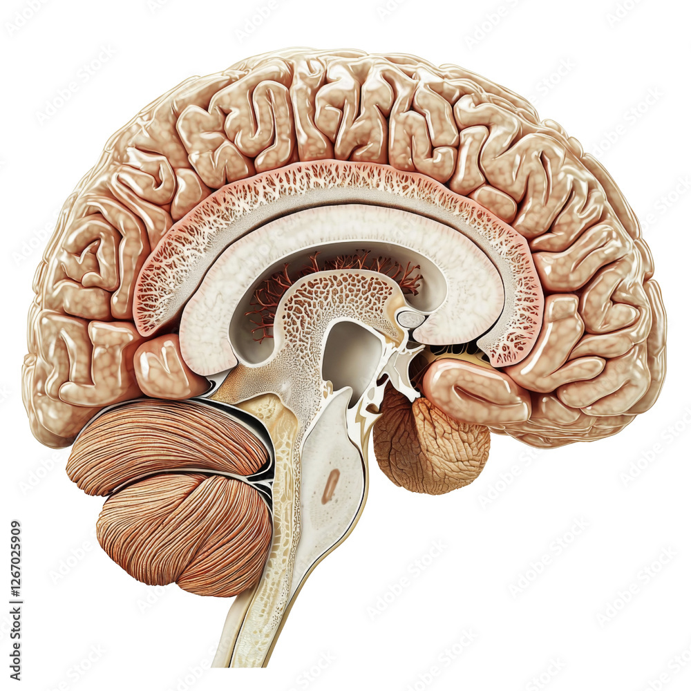 Poster Anatomical illustration of human brain, showcasing internal structures and connections. This detailed image highlights complexity of brain anatomy and its functions
