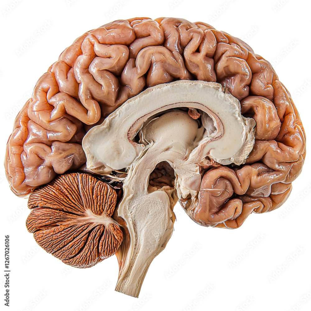 Poster detailed anatomical view of human brain, showcasing cerebral cortex and cerebellum, highlighting int
