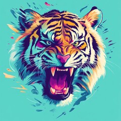 Vibrant tiger head, roaring, colorful background, artistic design, print