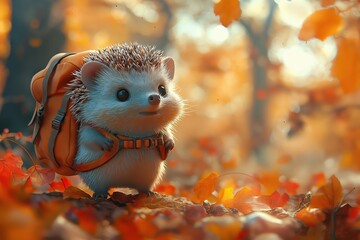 Cute hedgehog exploring autumn forest with backpack